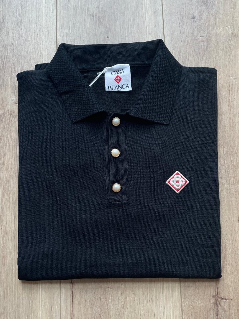 Casablanca Men's Knit Polo Shirt Black Short Sleeve Pearl Buttons Size XL